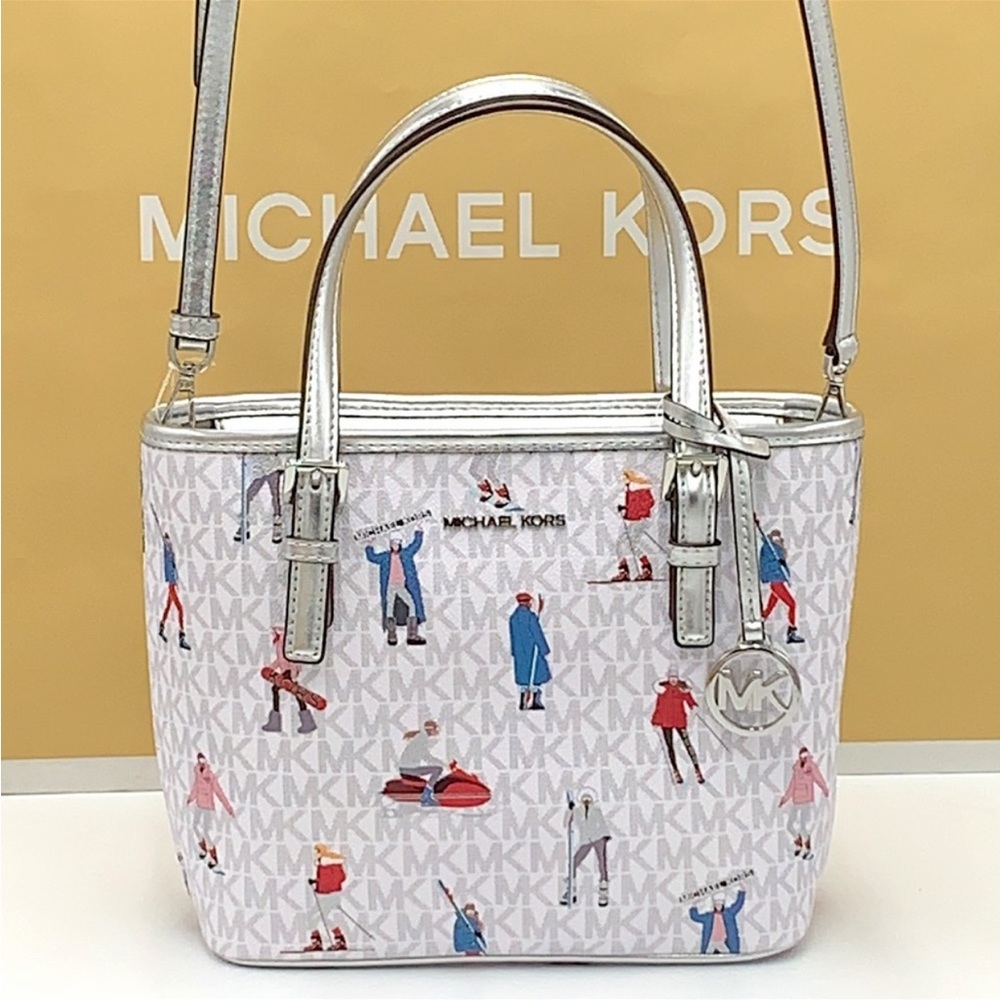 Michael Kors Jet Set Girls Print White Signature XSMALL Carryall Top Zip Tote - Picture 6 of 16